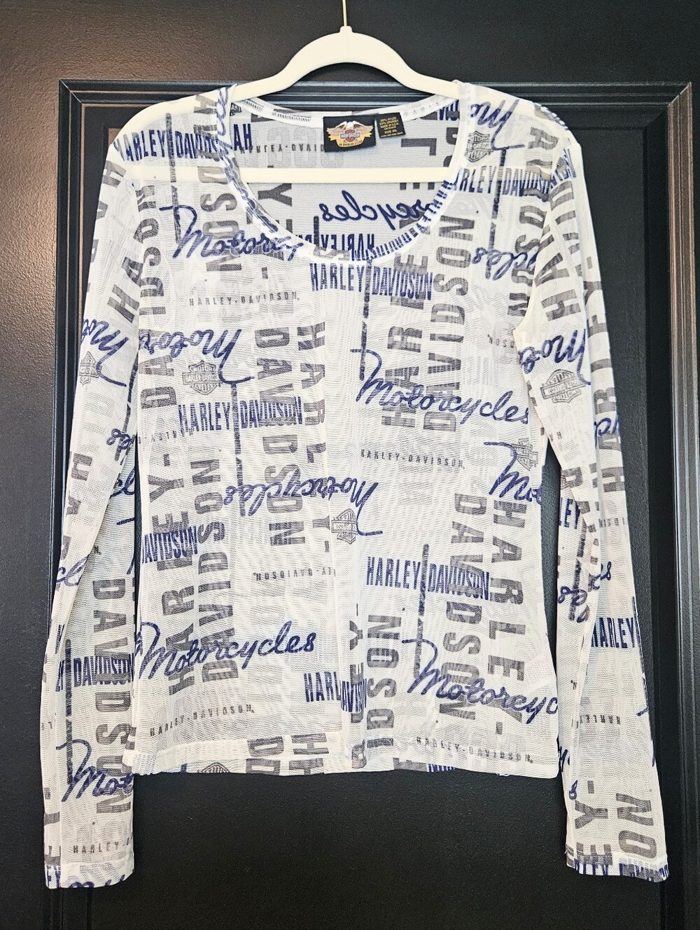 Harley-Davidson Vintage 1990's Sheer long-sleeve graphic logo novelty Top M/L